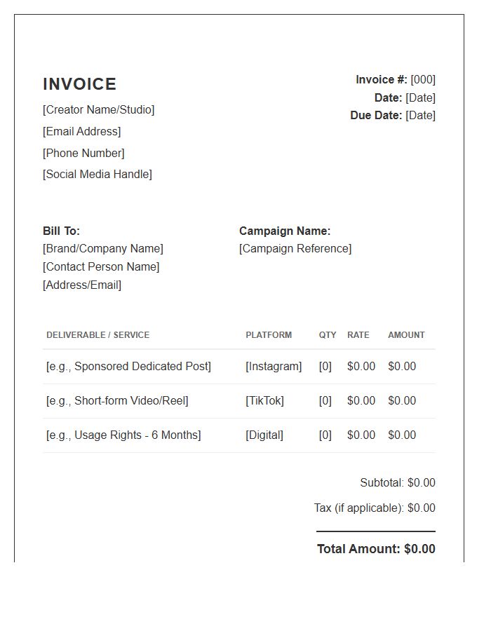 Social Media Collaboration Content Creator Invoice Template