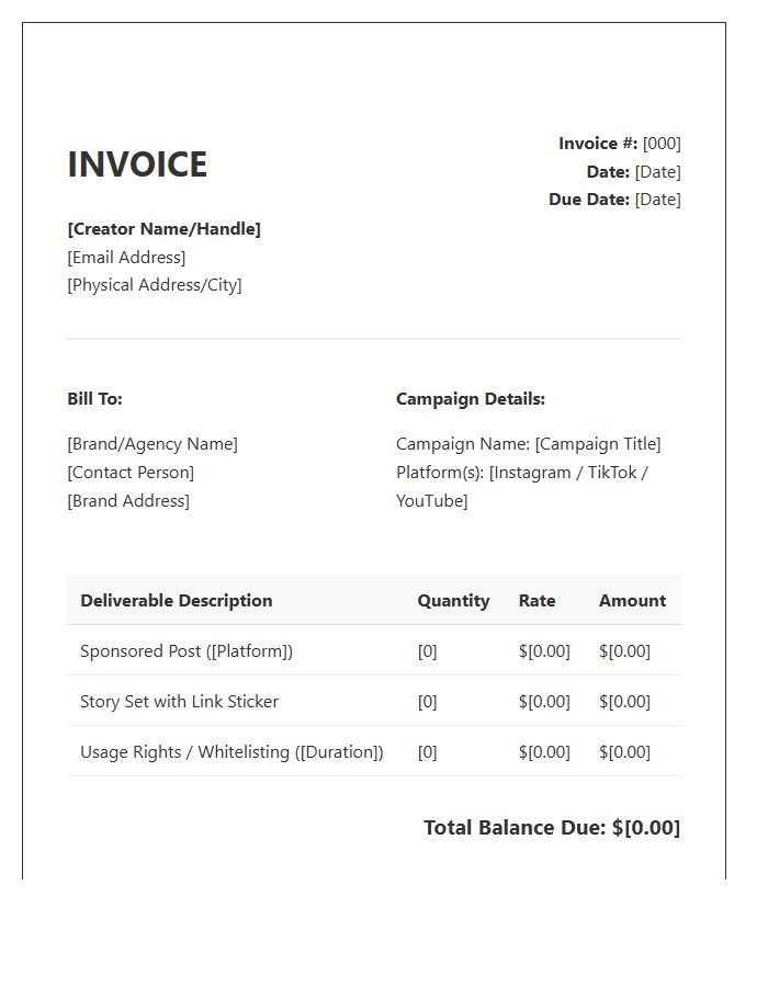 Sponsored Post Creator Partnership Invoice Template