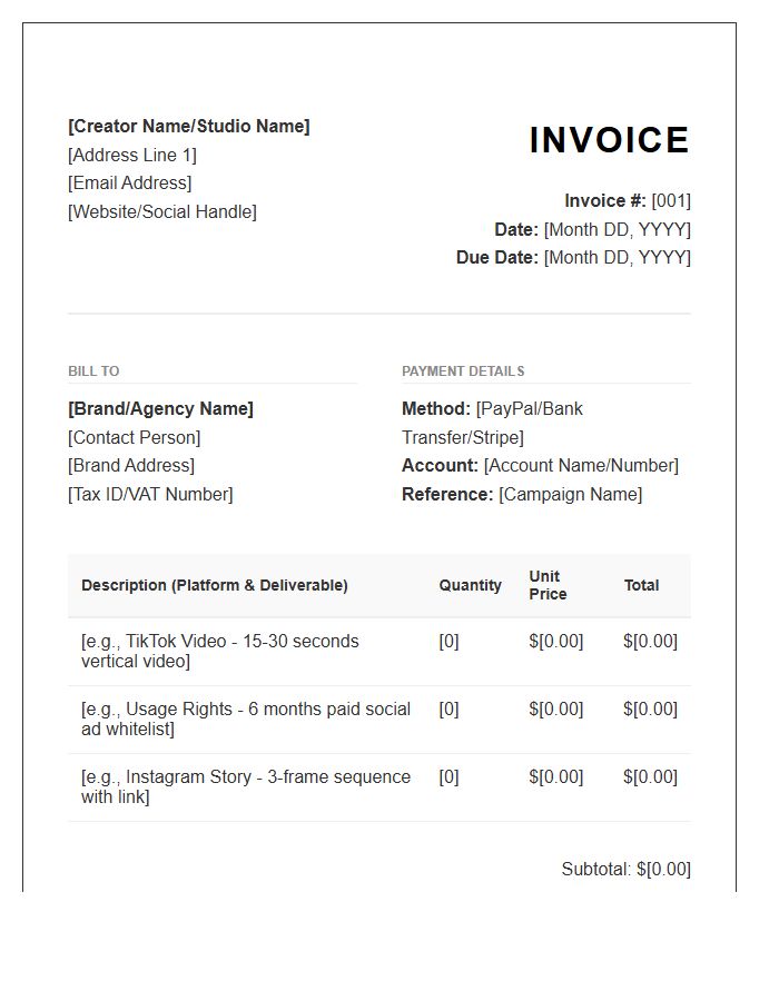 User Generated Content Creator Partnership Invoice Template