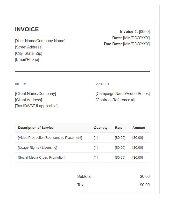 Video Content Partnership Service Invoice Template
