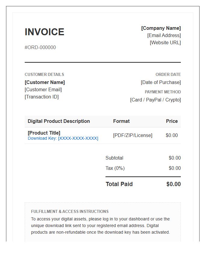 Digital Product Order Fulfillment Invoice Template