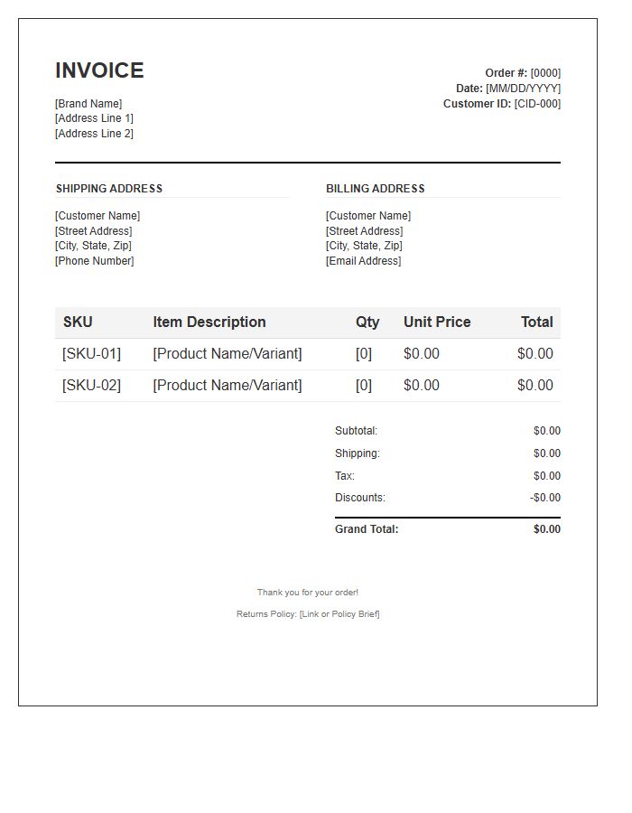 Direct To Consumer Order Fulfillment Invoice Template