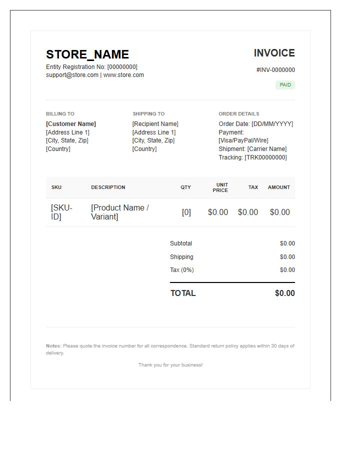 High Volume E-commerce Invoice Template