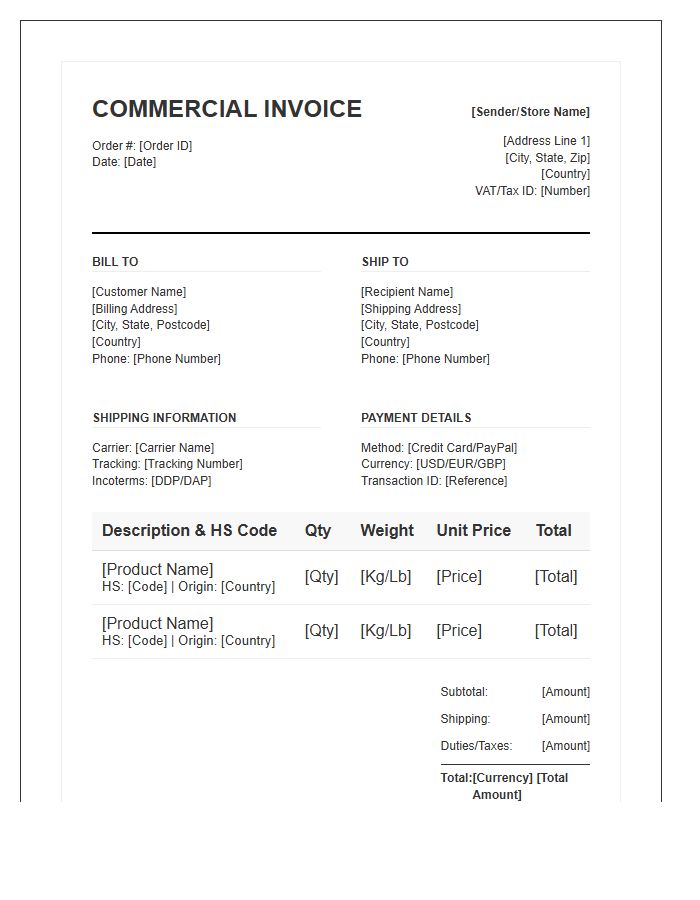 International Shipping E-commerce Invoice Template