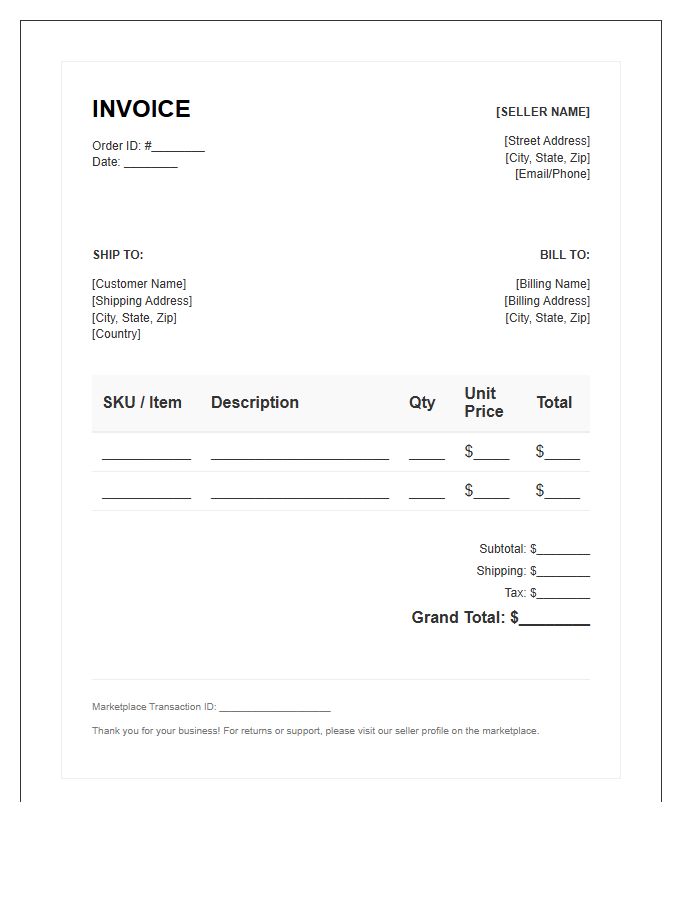 Marketplace Seller Order Fulfillment Invoice Template